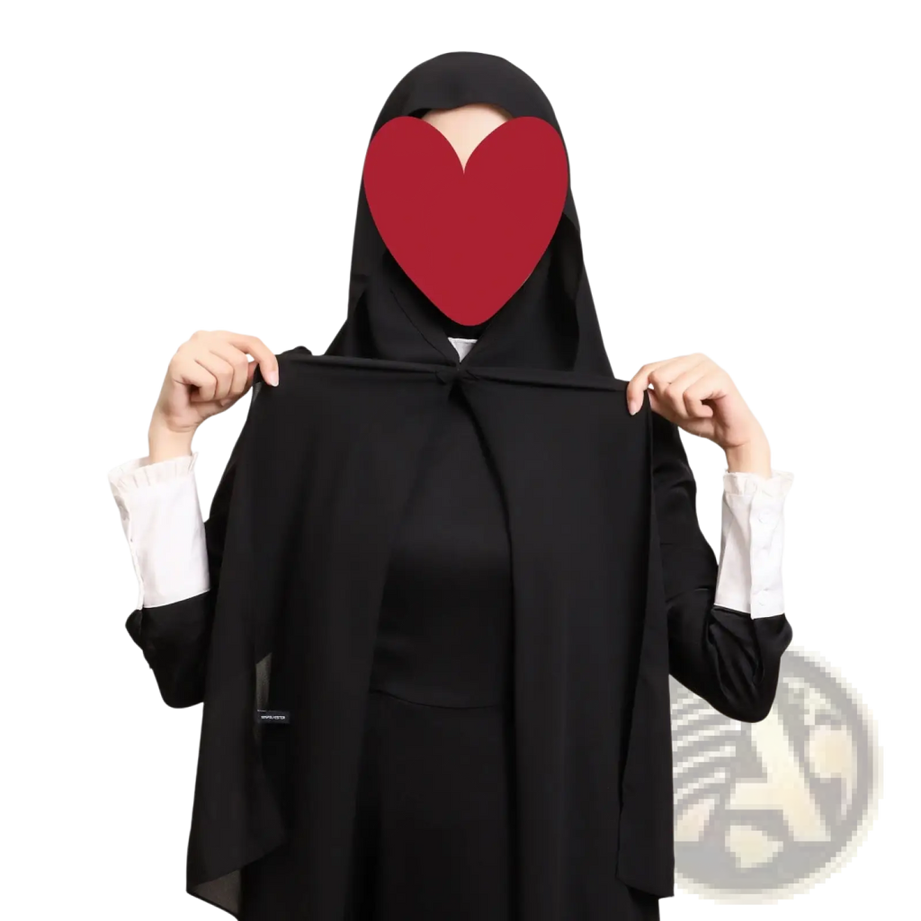 Black abaya with white-cuffed sleeves and flowing design paired with magnetic chiffon hijab in khaki solid color