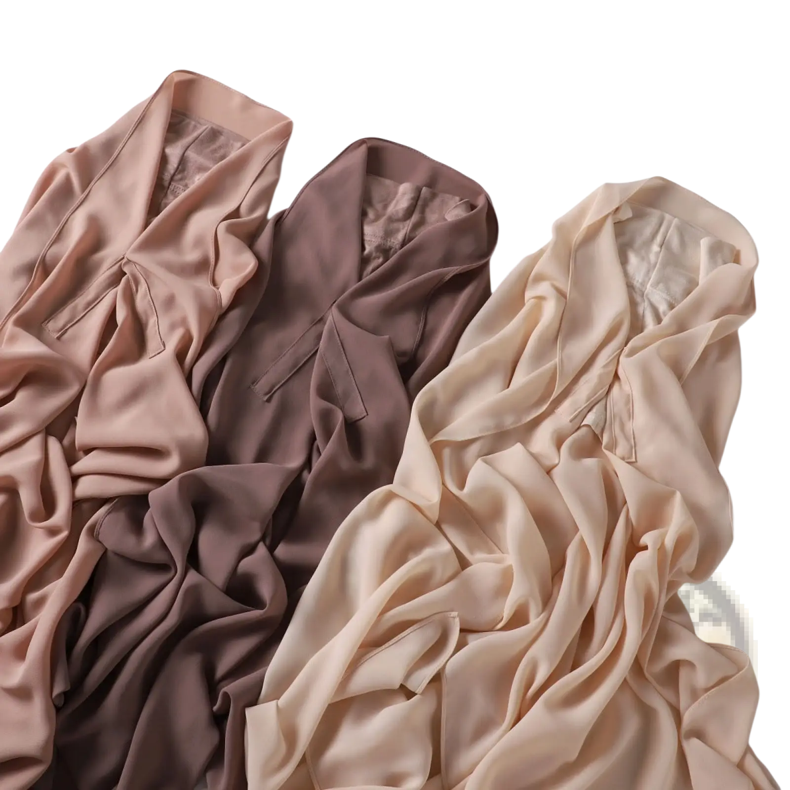 Three elegant magnetic chiffon hijabs in khaki solid color displayed alongside flowing silk blouses in soft beige taupe and muted rose tones