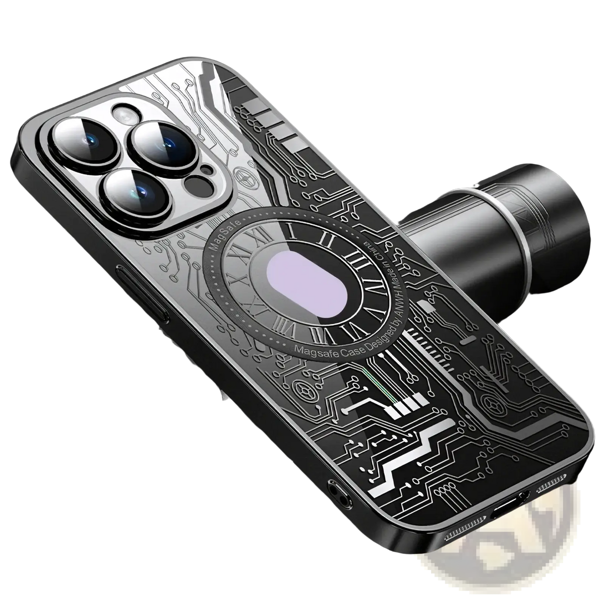 Silver magnetic circuit phone case for iphone 14 pro max showing back with black circuit board and roman numeral clock face
