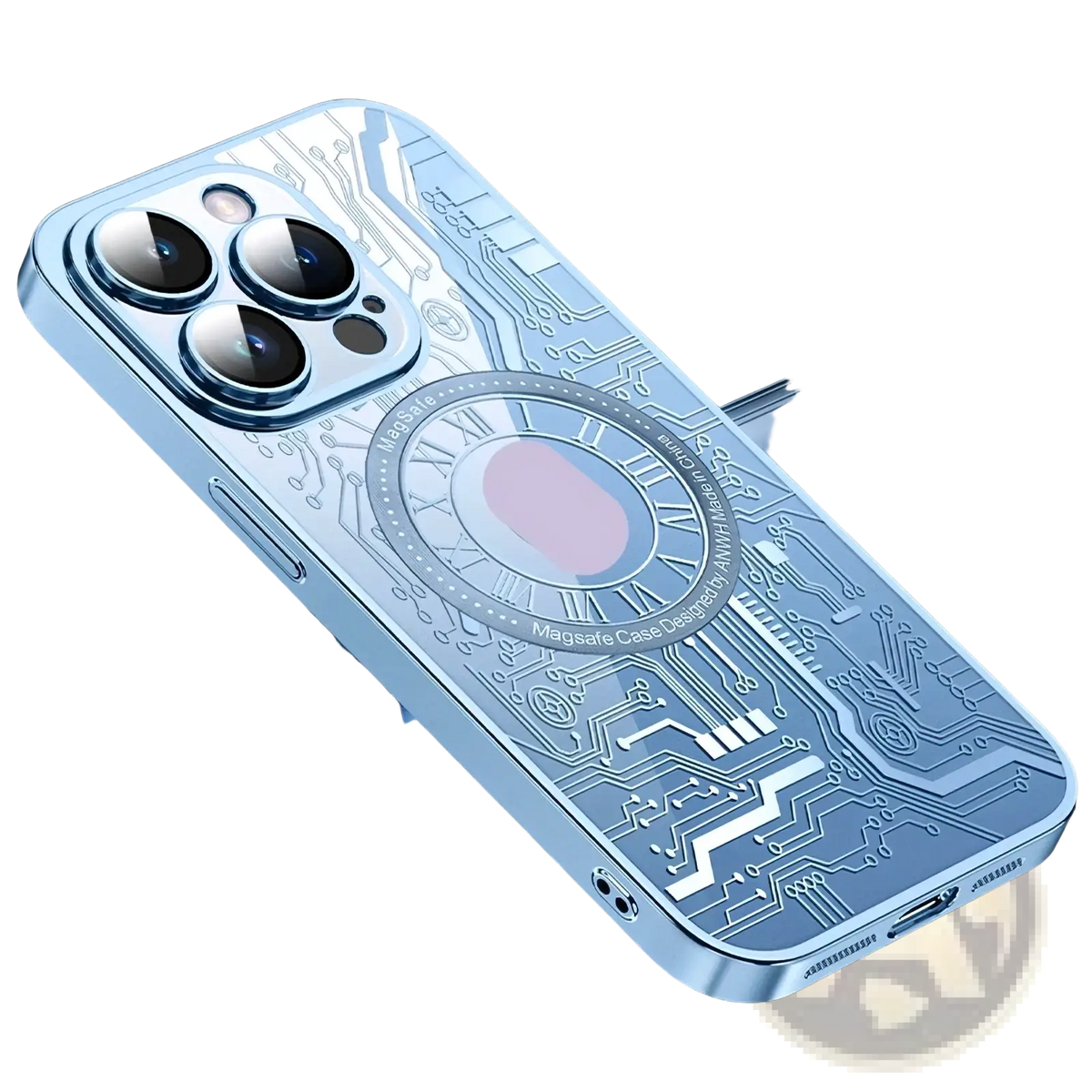 The back side of a sleek translucent blue magnetic circuit phone case with a roman numeral magsafe area for iPhone 14 Pro Max