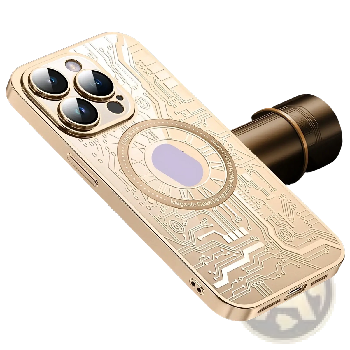 Gold-colored magnetic circuit phone case for iphone 14 pro max with intricate circuit board design and circular magsafe pad visible from back