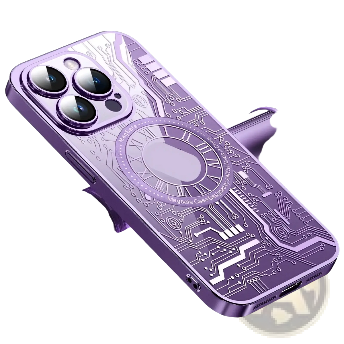 Back side of a purple magnetic circuit phone case with clock face detail for iPhone 14 Pro Max