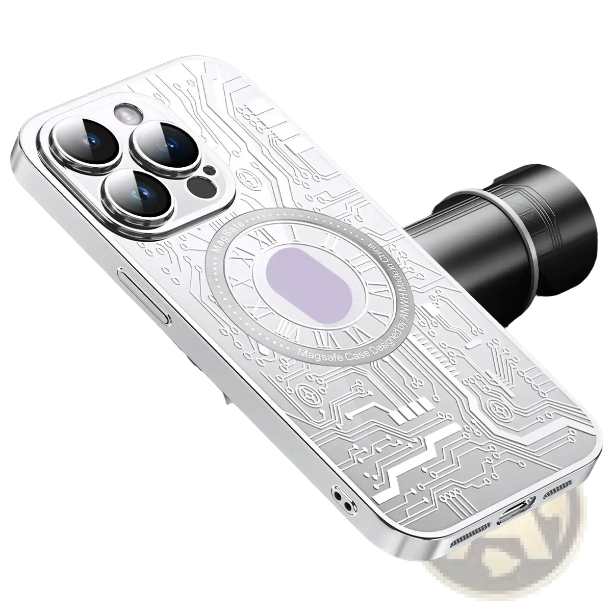 Back of a silver magnetic circuit phone case for iPhone 14 Pro Max with intricate circuit design and roman numeral magsafe ring