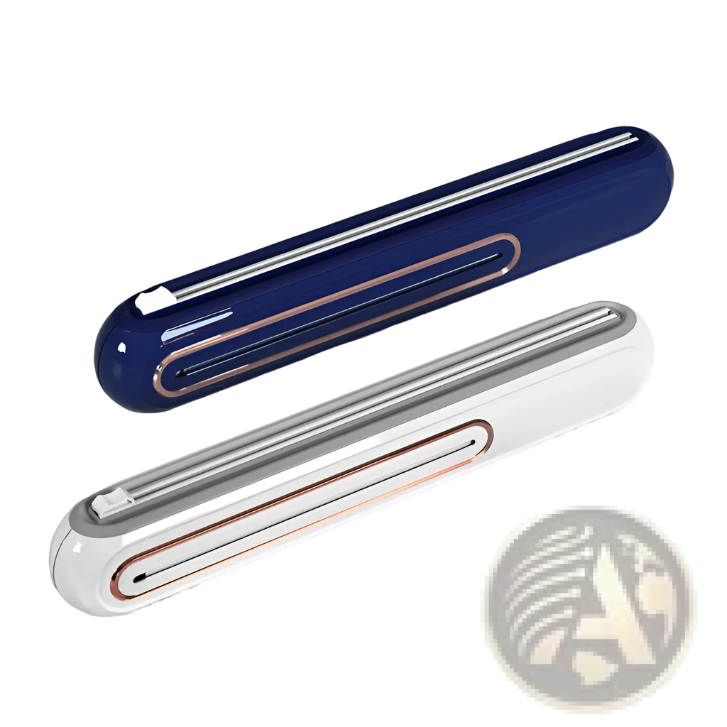 Two sleek roll-on plastic wrap dispensers with metallic accents in deep navy blue and white for easy cutting