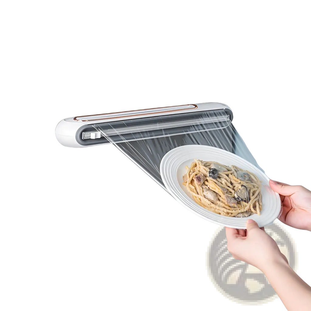 White wall-mounted plastic wrap dispenser with magnetic cling film cutter and sleek modern design