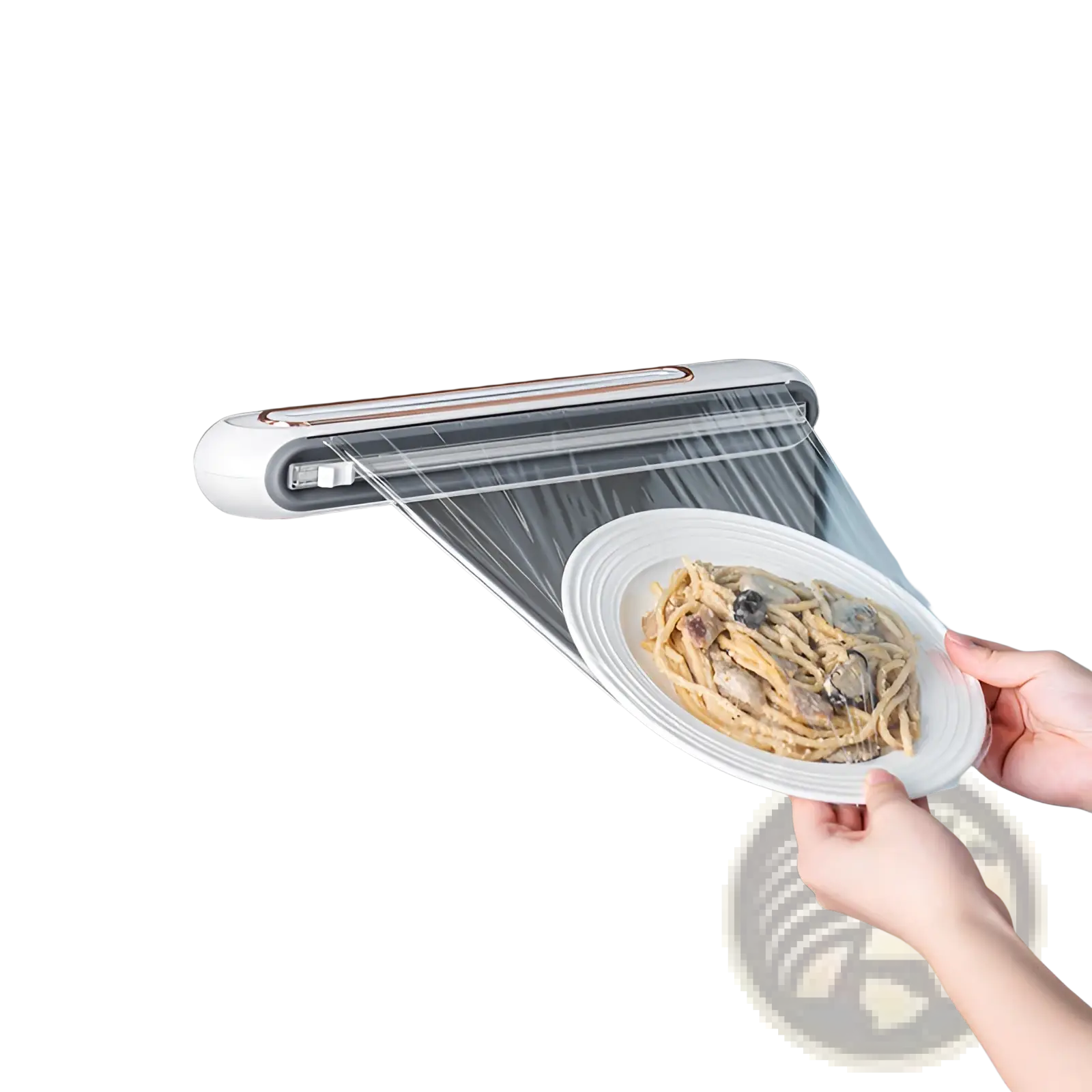 White wall-mounted plastic wrap dispenser with magnetic cling film cutter and sleek modern design