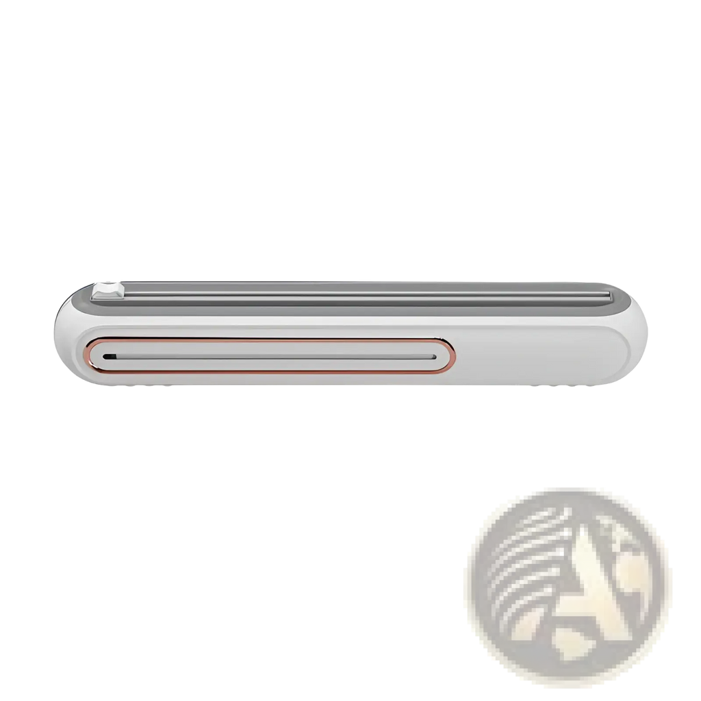 White and silver magnetic cling film cutter and plastic wrap dispenser with rose gold accent around its cutting slot