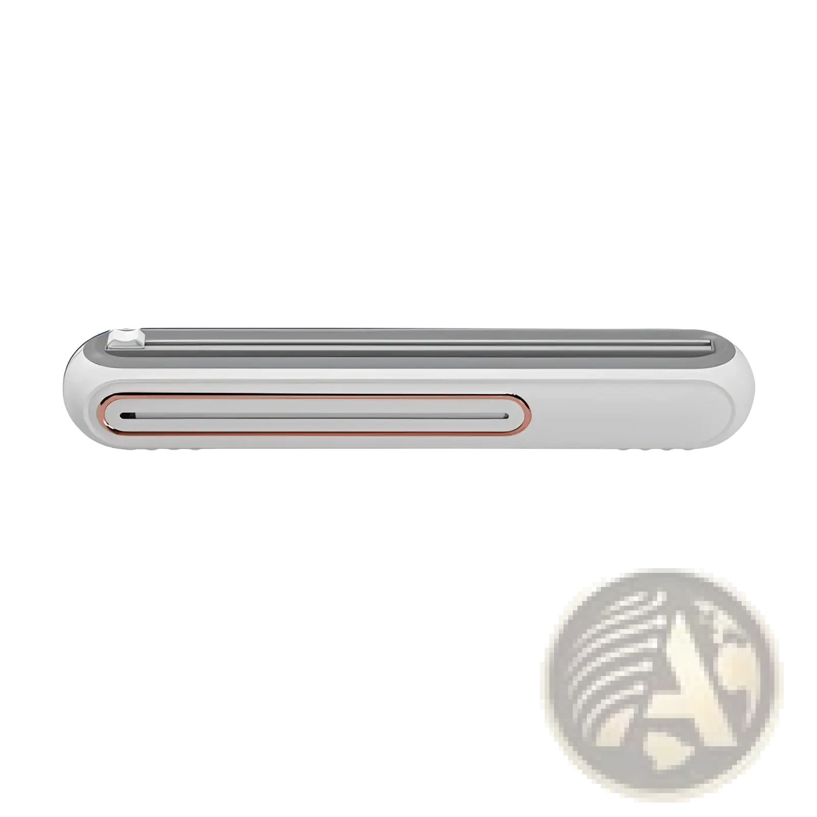 White and silver magnetic cling film cutter and plastic wrap dispenser with rose gold accent around its cutting slot