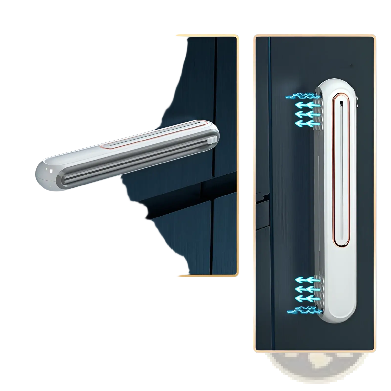 White and silver slim electric door handle with sleek modern design and red accents featured on magnetic cling film cutter