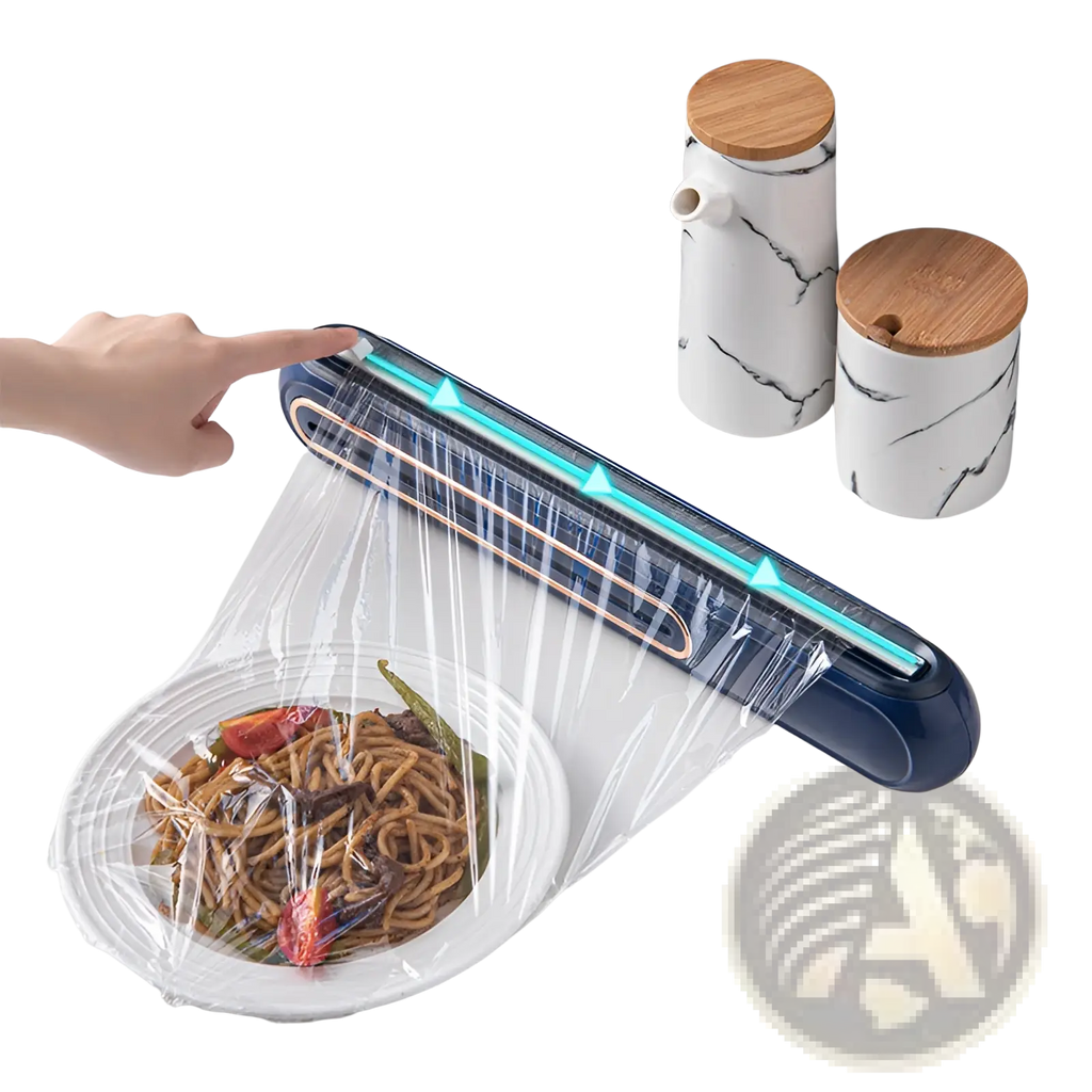 Blue plastic magnetic cling film cutter and plastic wrap dispenser with glowing teal light strip and copper rollers