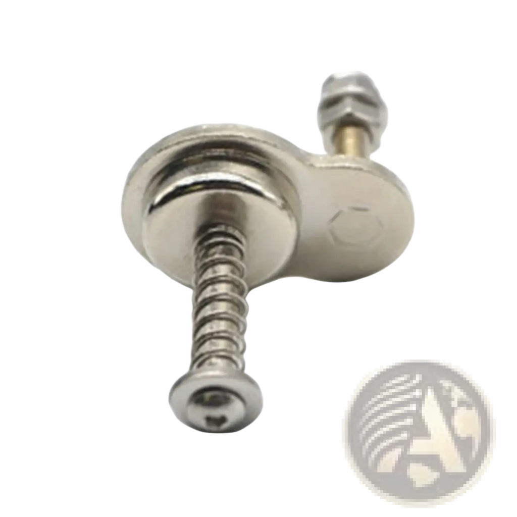 Silver-toned metal magnetic folding bike frame catch adapter with threaded screw and hexagonal bolt head