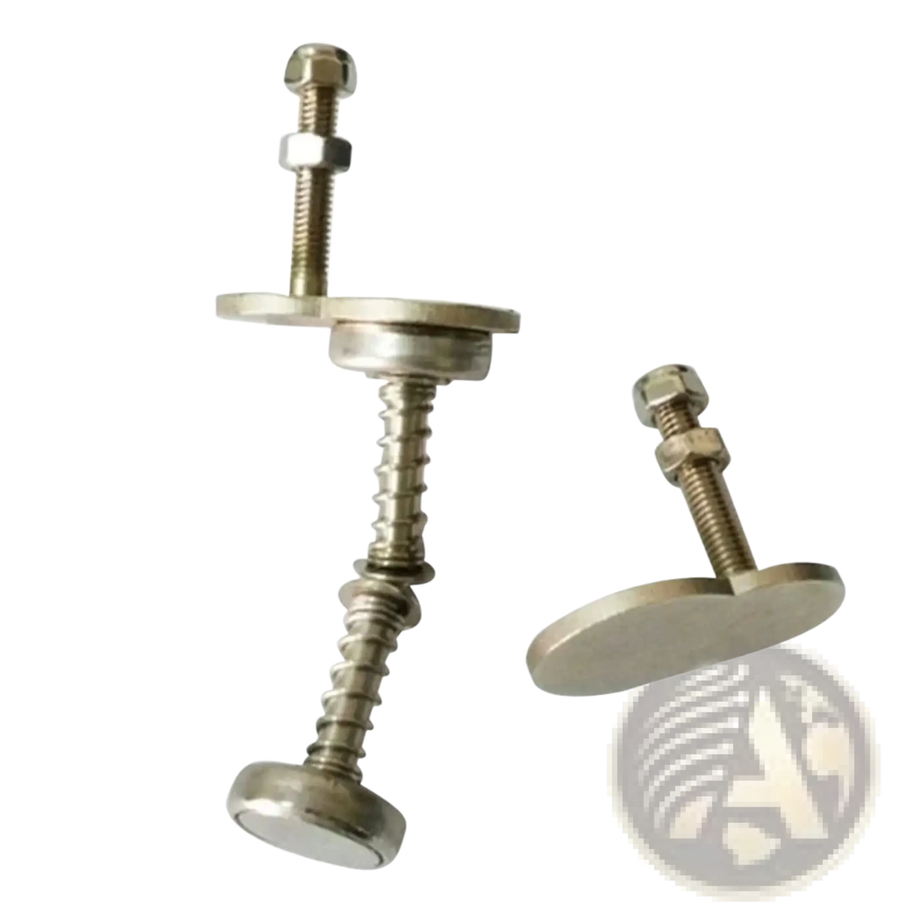 Silver metal magnetic folding bike frame catch adapter clamp with threaded screw and hexagonal nut on flat bases