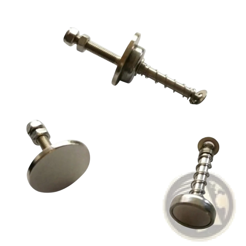 Silver metallic magnetic screw anchors with threaded shafts and flat circular heads for magnetic folding bike frame catch adapter
