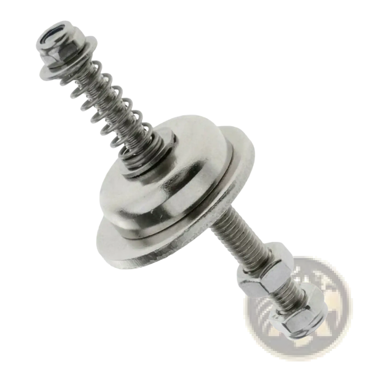 Silver metallic spring-loaded clamp with threaded rod and hex nuts for magnetic folding bike frame catch adapter