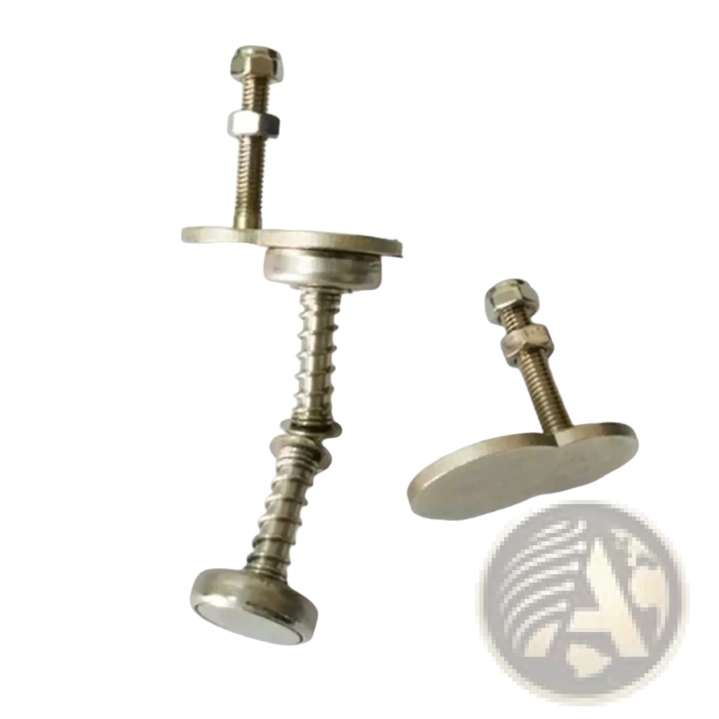 Silver-toned metal clamping bolts with threaded shafts and hexagonal nuts for magnetic folding bike frame catch adapter