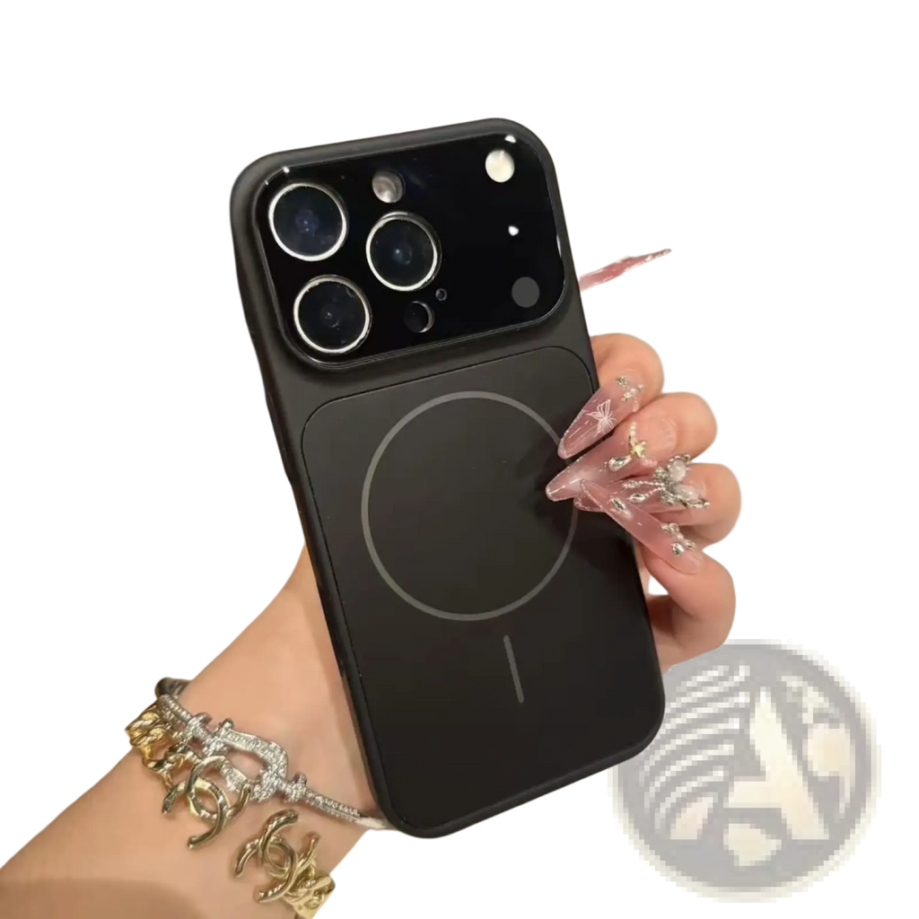 Black magnetic frosted glass iphone case with magsafe armor showing back side with circular charging pad and camera cutout