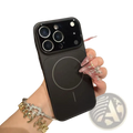 Black magnetic frosted glass iphone case with magsafe armor showing back side with circular charging pad and camera cutout