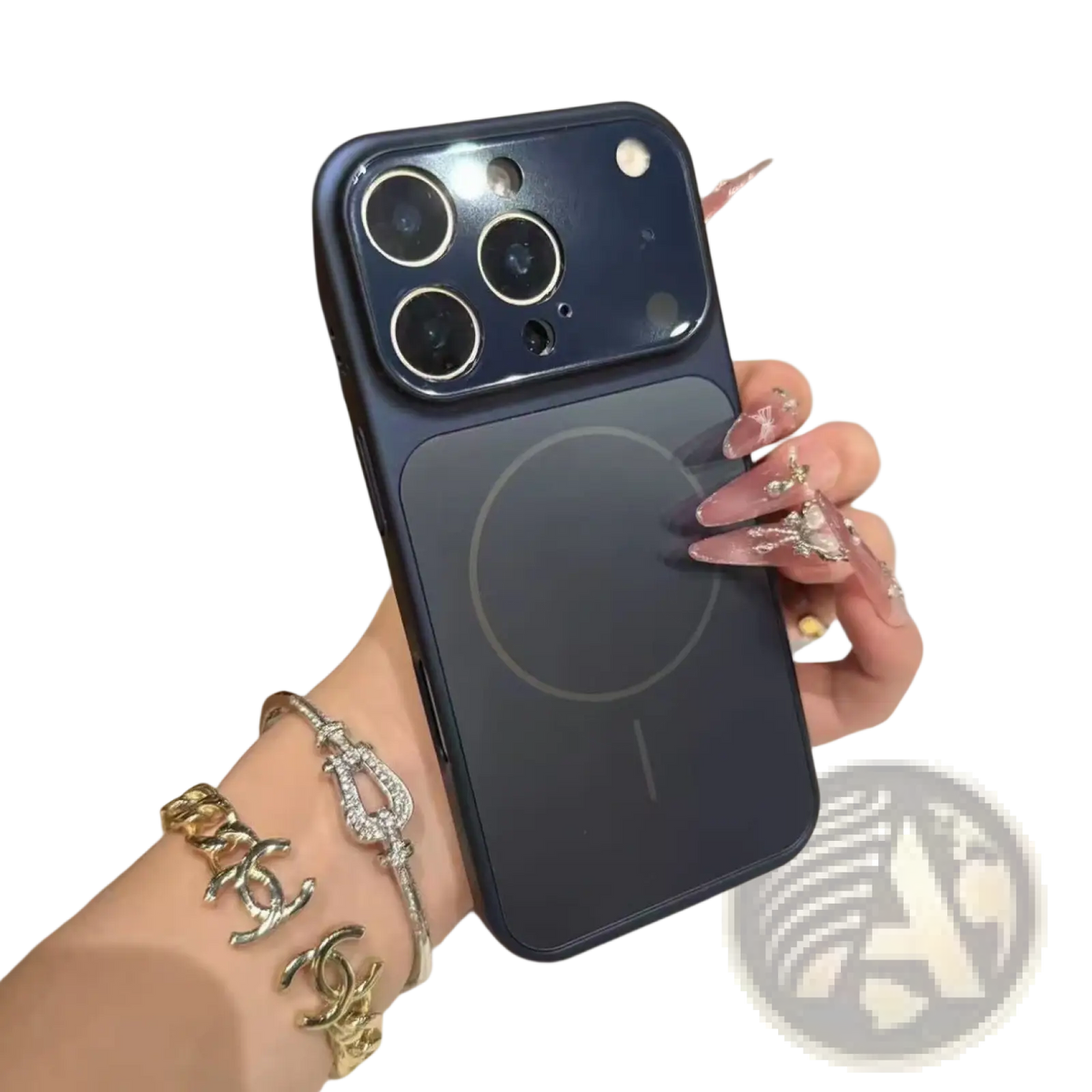 Dark blue frosted glass iphone case with magsafe armor featuring magnetic charging pad and camera cutout back view