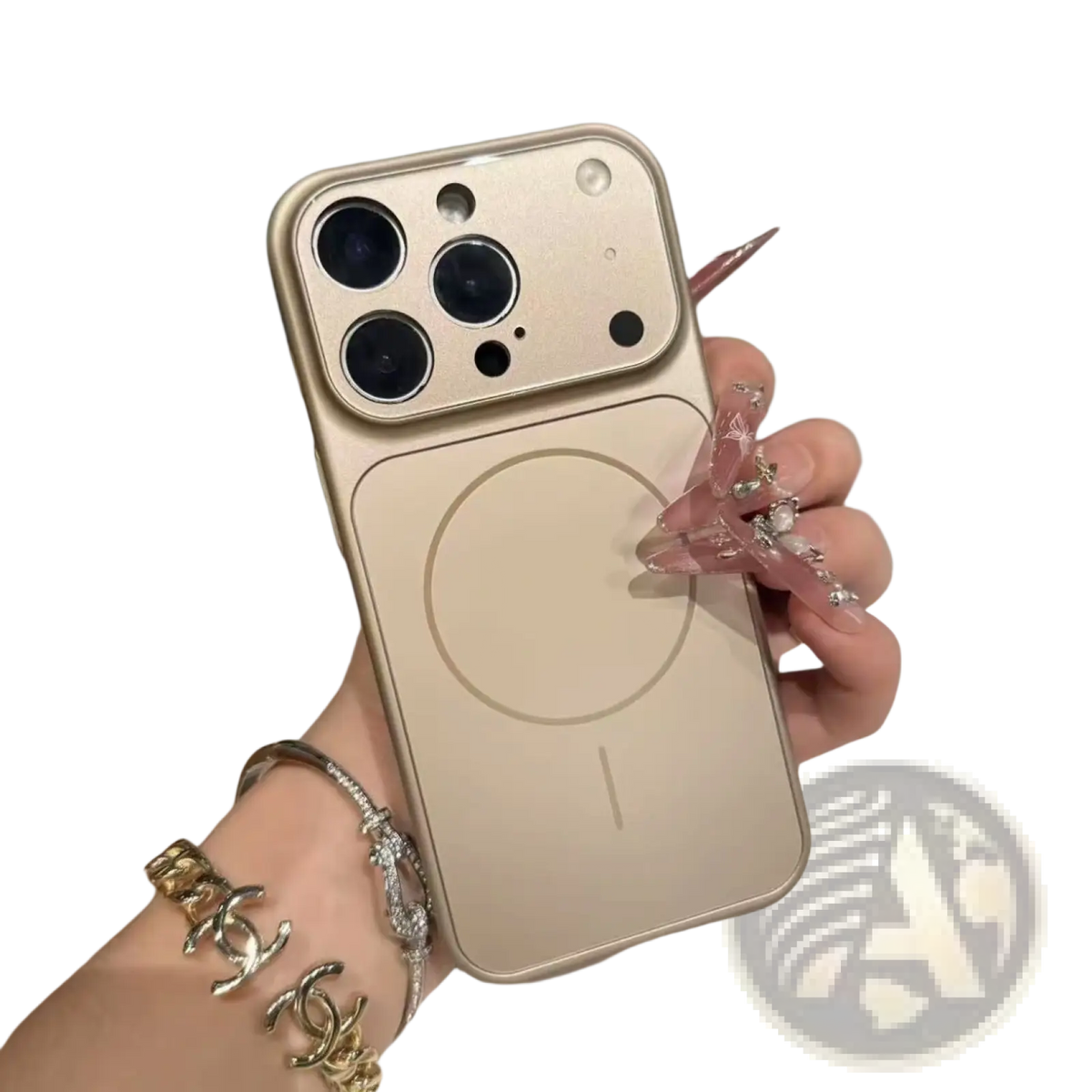 Back side of a gold magnetic frosted glass iphone case magsafe armor with sleek minimalist design and three camera cutouts