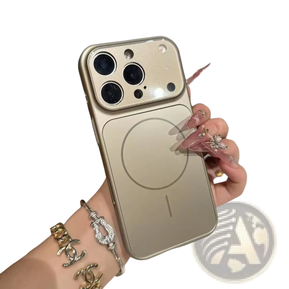 A sleek metallic gold magnetic frosted glass iPhone case with built-in MagSafe charging pad shown from the back side
