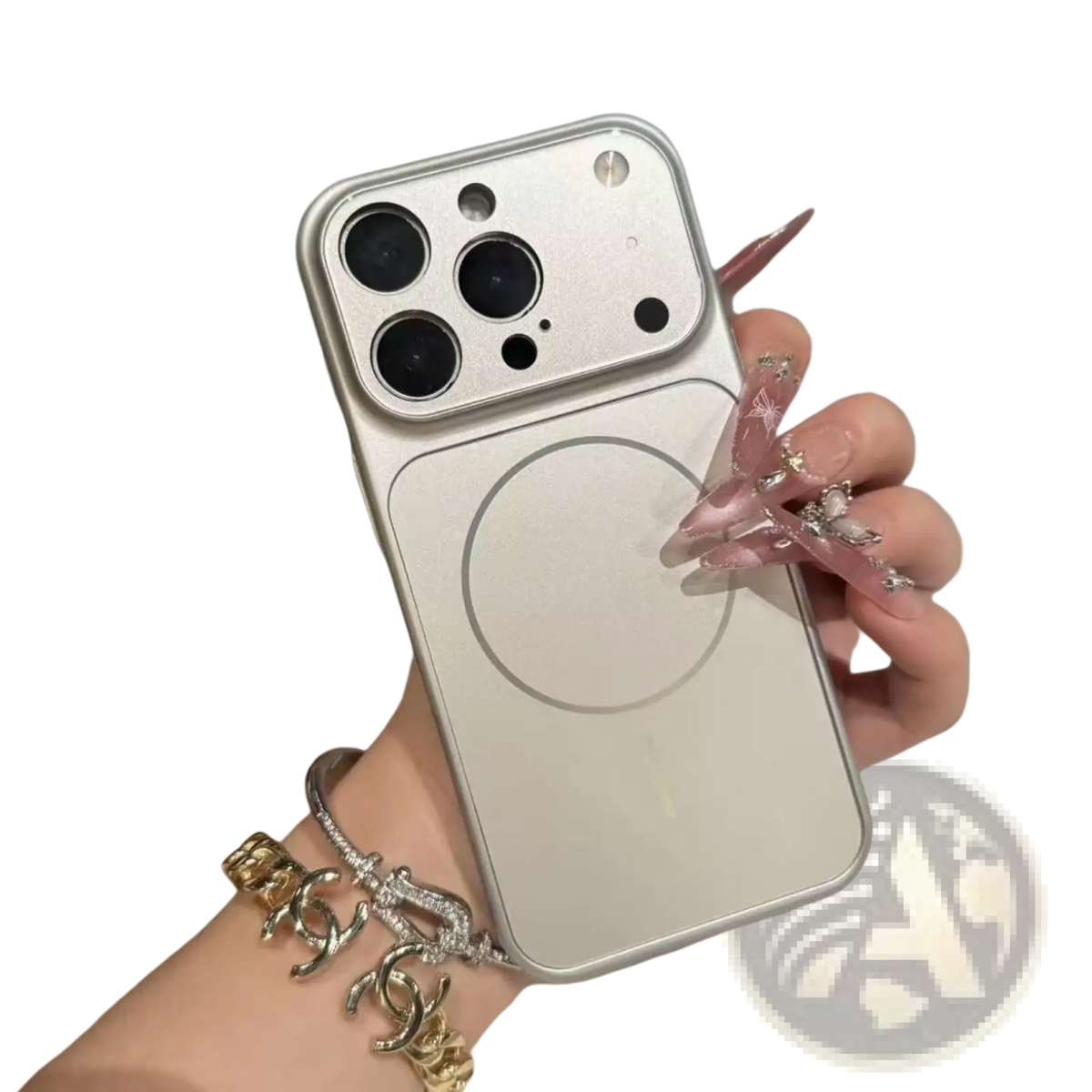 Silver magnetic frosted glass iphone case back with camera cutout and circular magsafe charging pad design