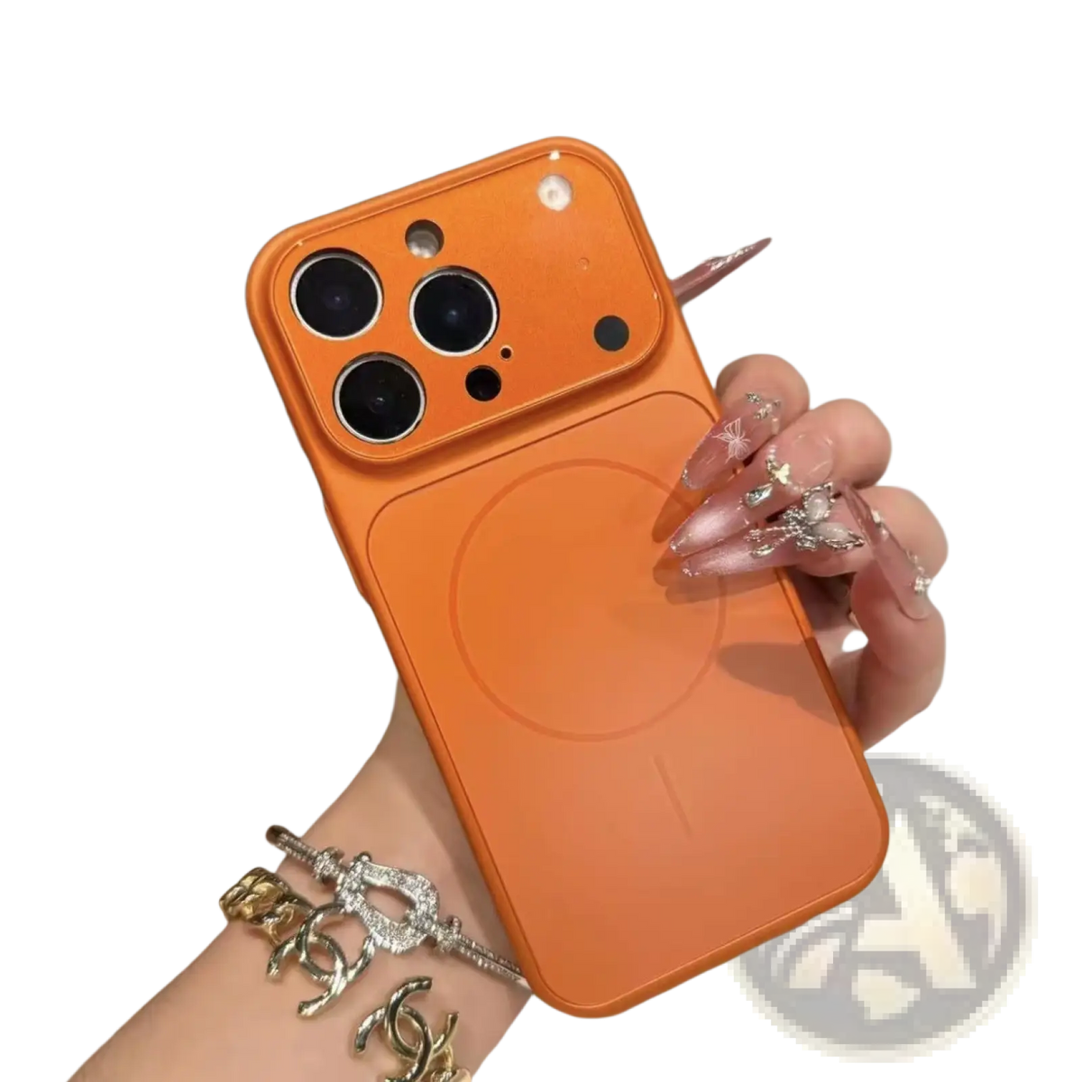 Orange magnetic frosted glass iphone case with magsafe armor showing back side with camera cutout and charging pad