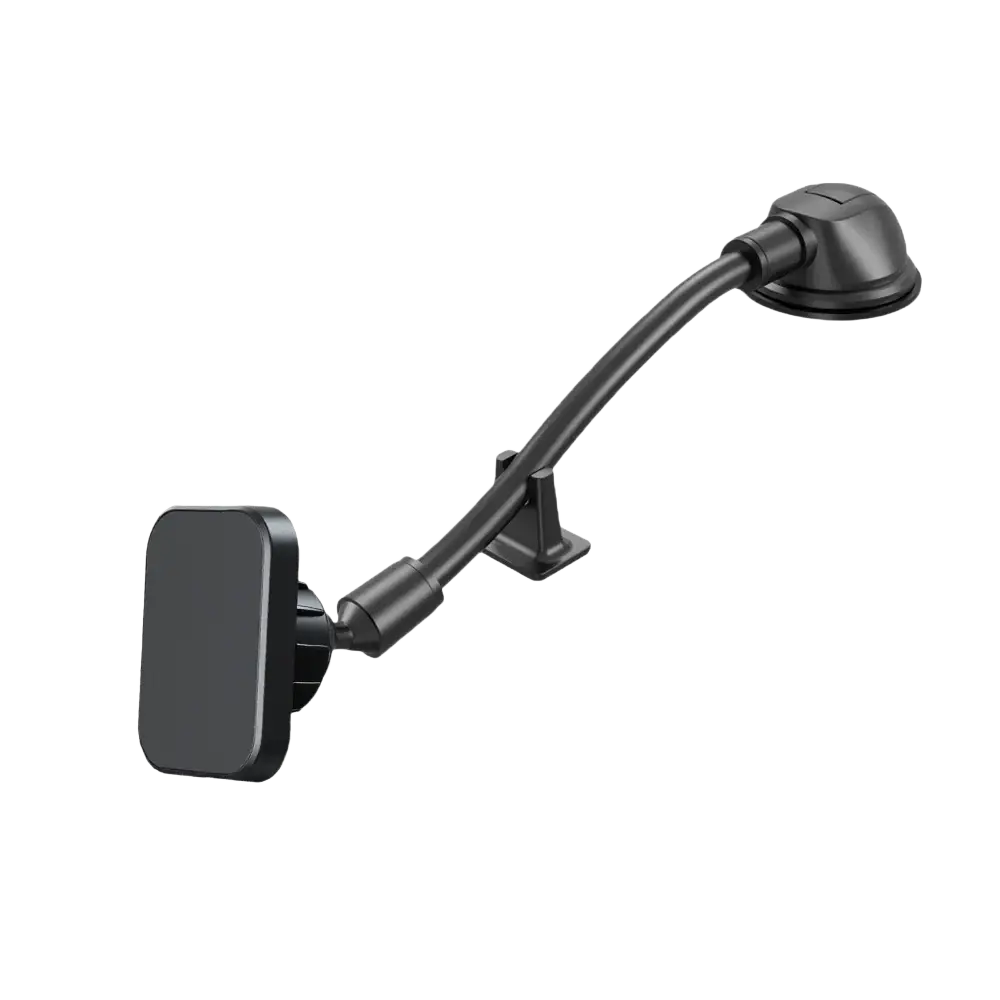 Black magnetic gooseneck long arm phone holder with adjustable arm and suction cup base for car use