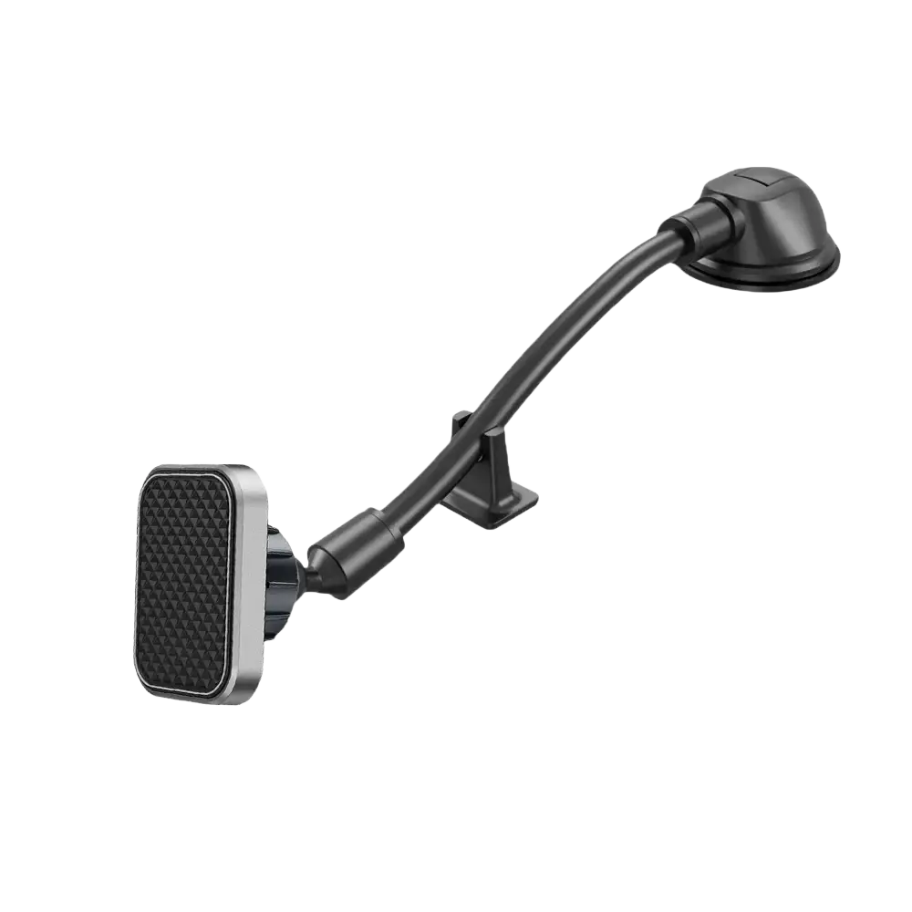 Black and silver magnetic gooseneck long arm phone holder with suction cup for secure car use