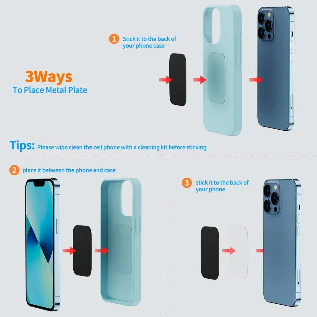 Light blue magnetic metal plate with camera cutout on the back side of a gooseneck long arm phone holder