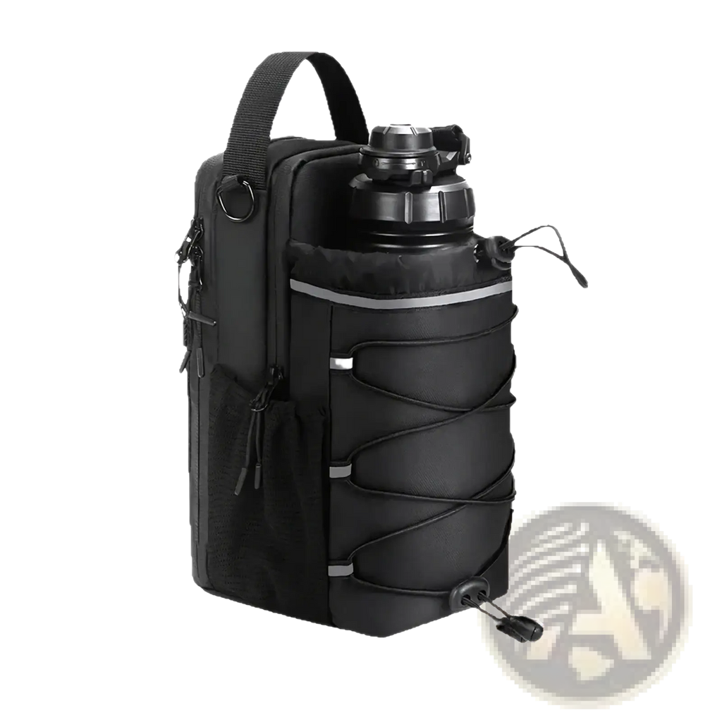 Black magnetic gym bottle bag with adjustable straps and reflective strip for secure water bottle carrying