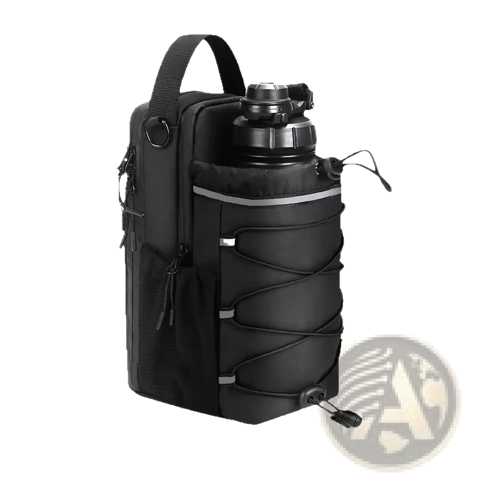 Black magnetic gym bottle bag with adjustable straps and reflective strip for secure water bottle carrying