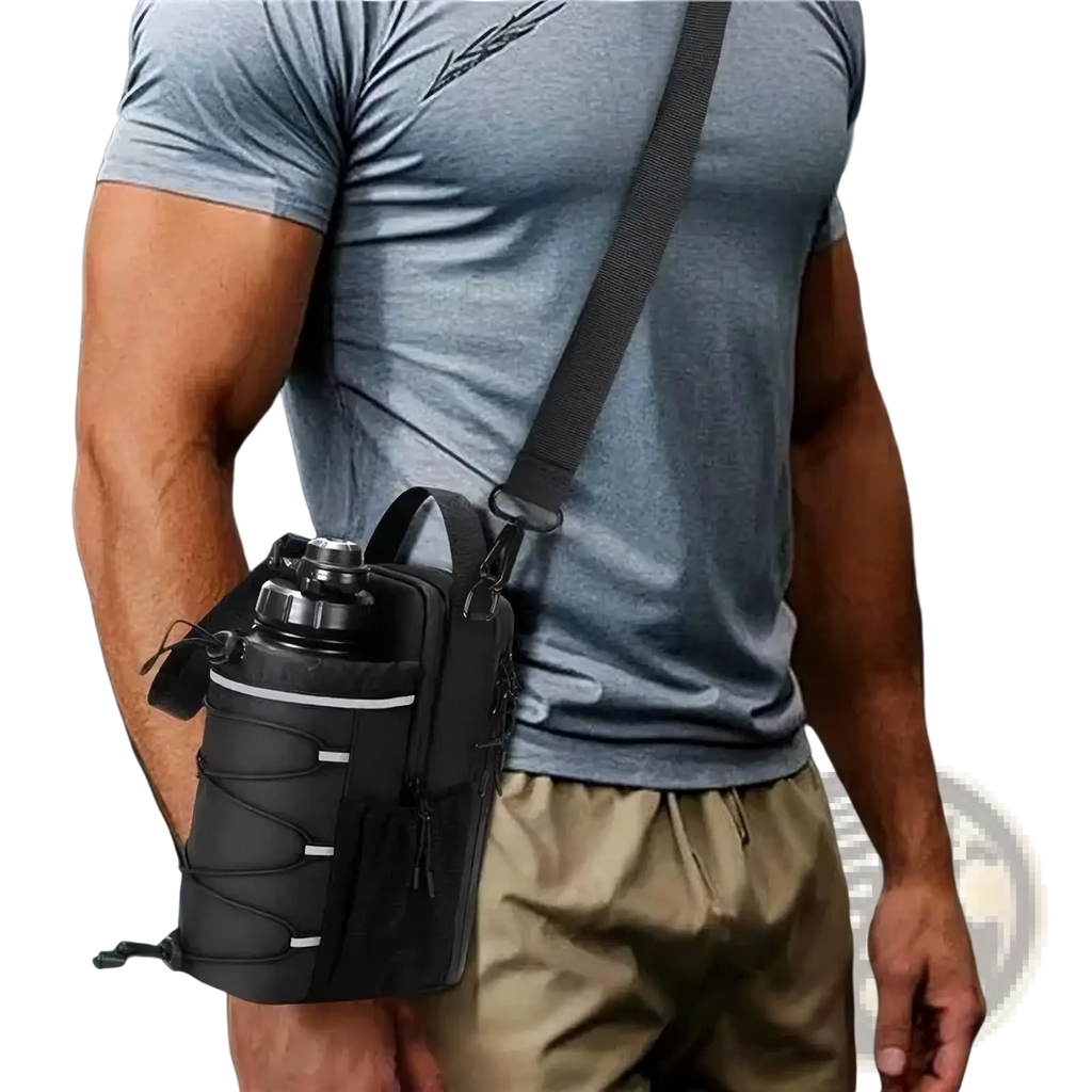 Black magnetic gym bottle bag with reflective stripes and adjustable strap for easy carrying and visibility