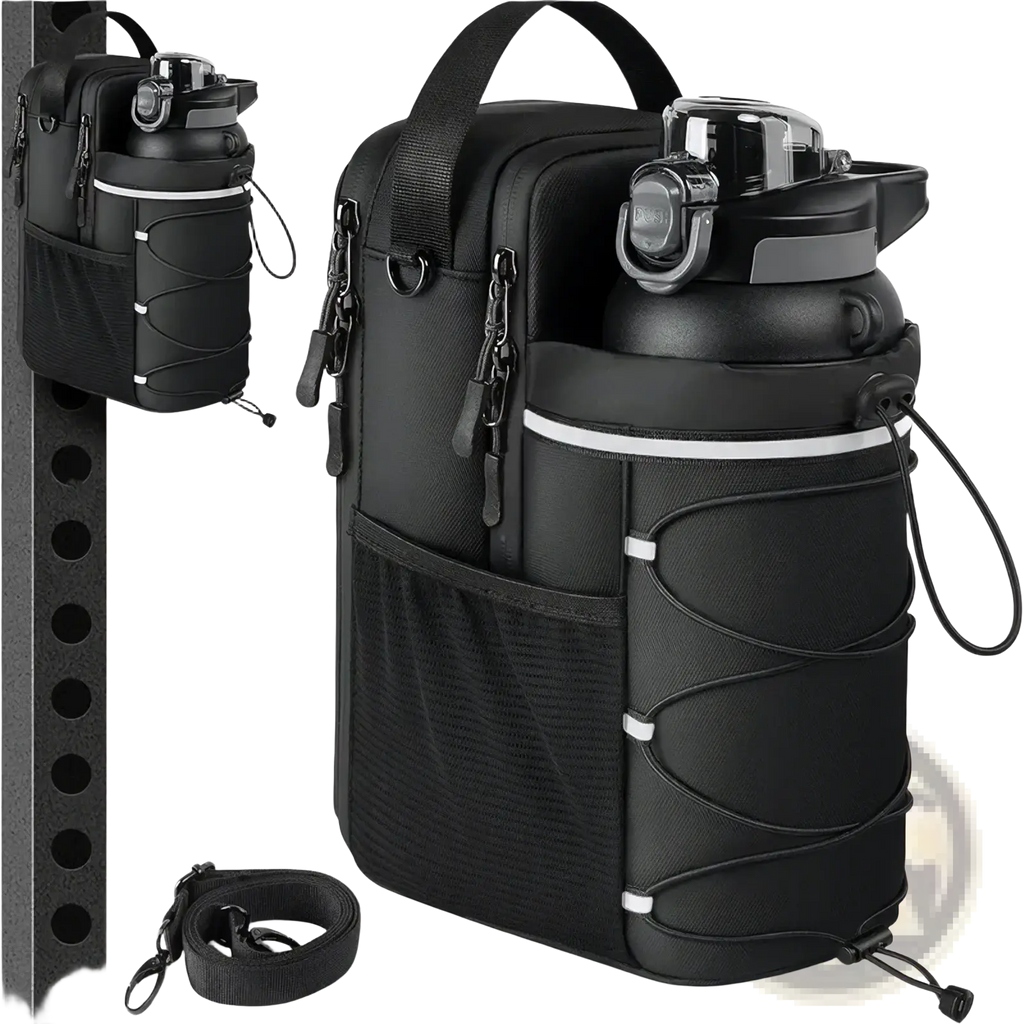 Black magnetic gym bottle bag with reflective white stripes and adjustable straps for secure carrying