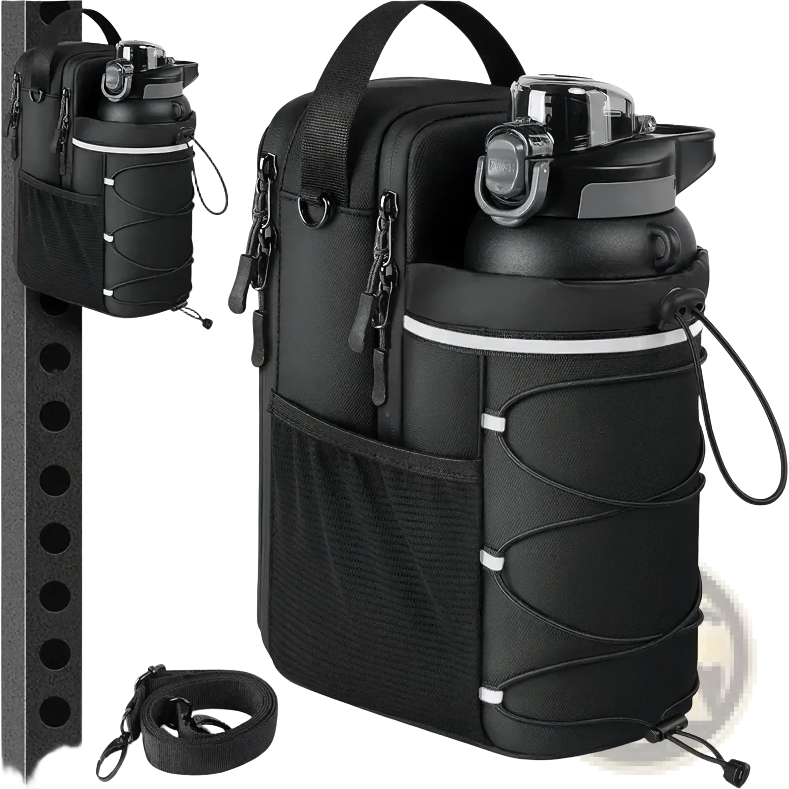Black magnetic gym bottle bag with reflective white stripes and adjustable straps for secure carrying