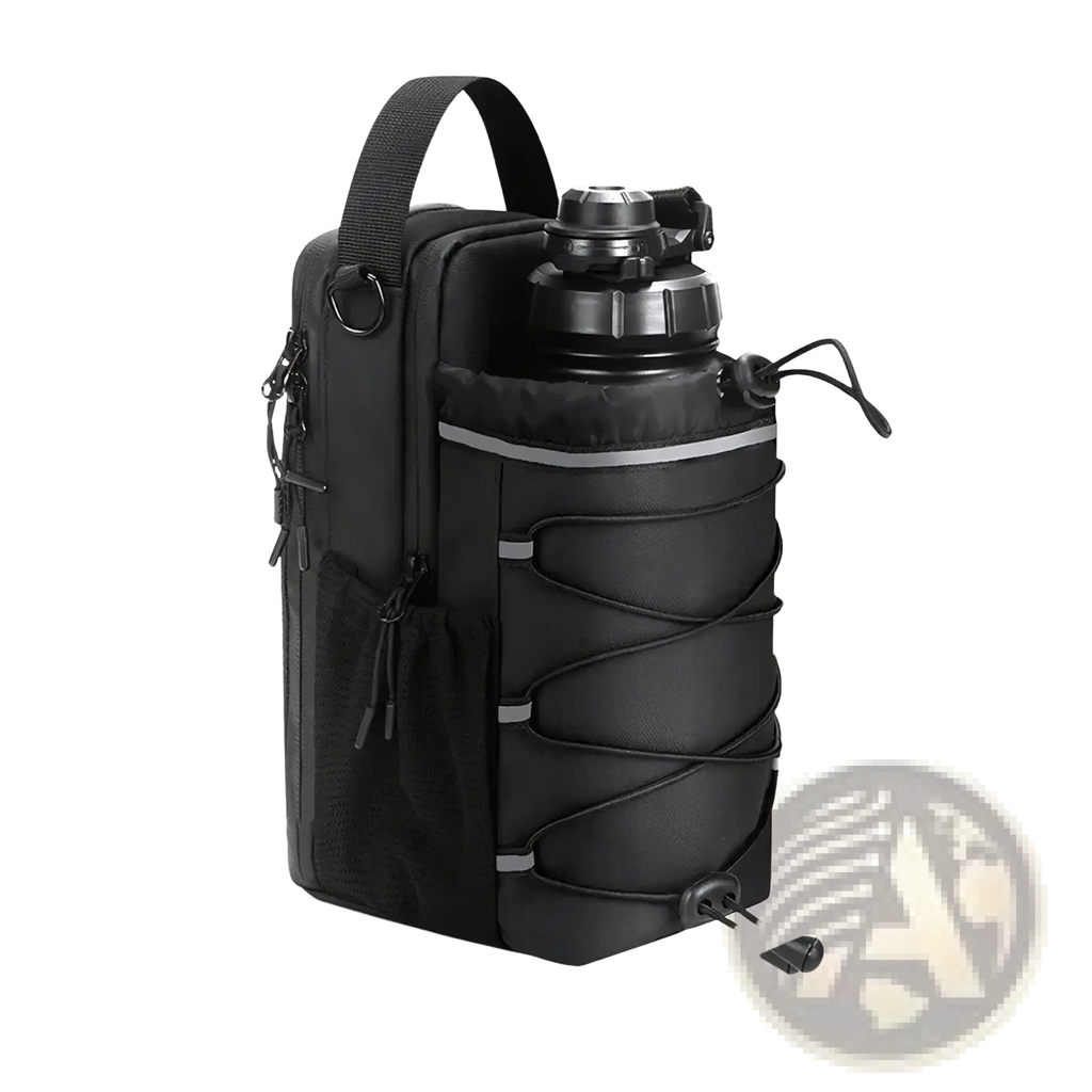 Black magnetic gym bottle bag with adjustable straps and reflective accents for secure carrying