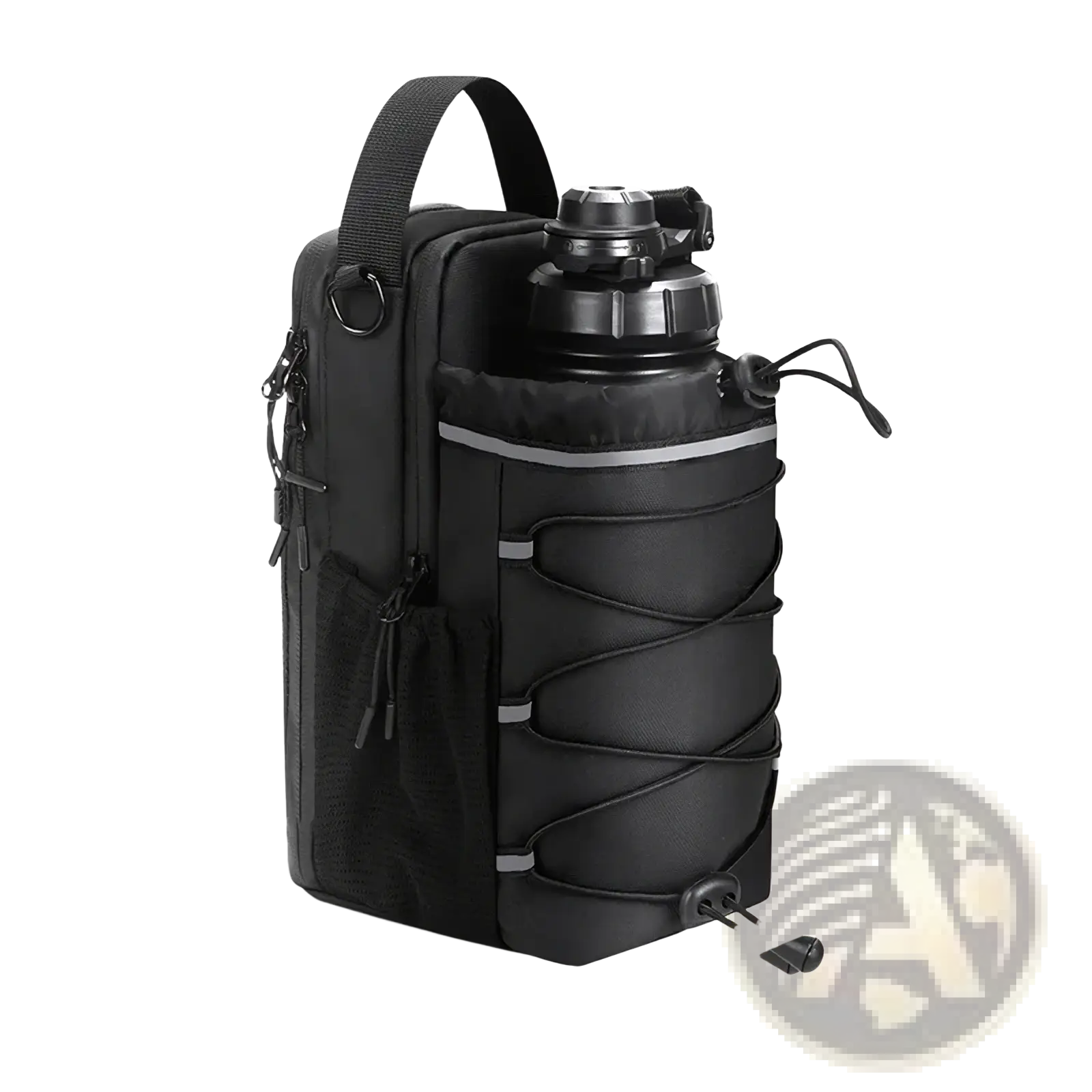 Black magnetic gym bottle bag with adjustable straps and reflective accents for secure carrying