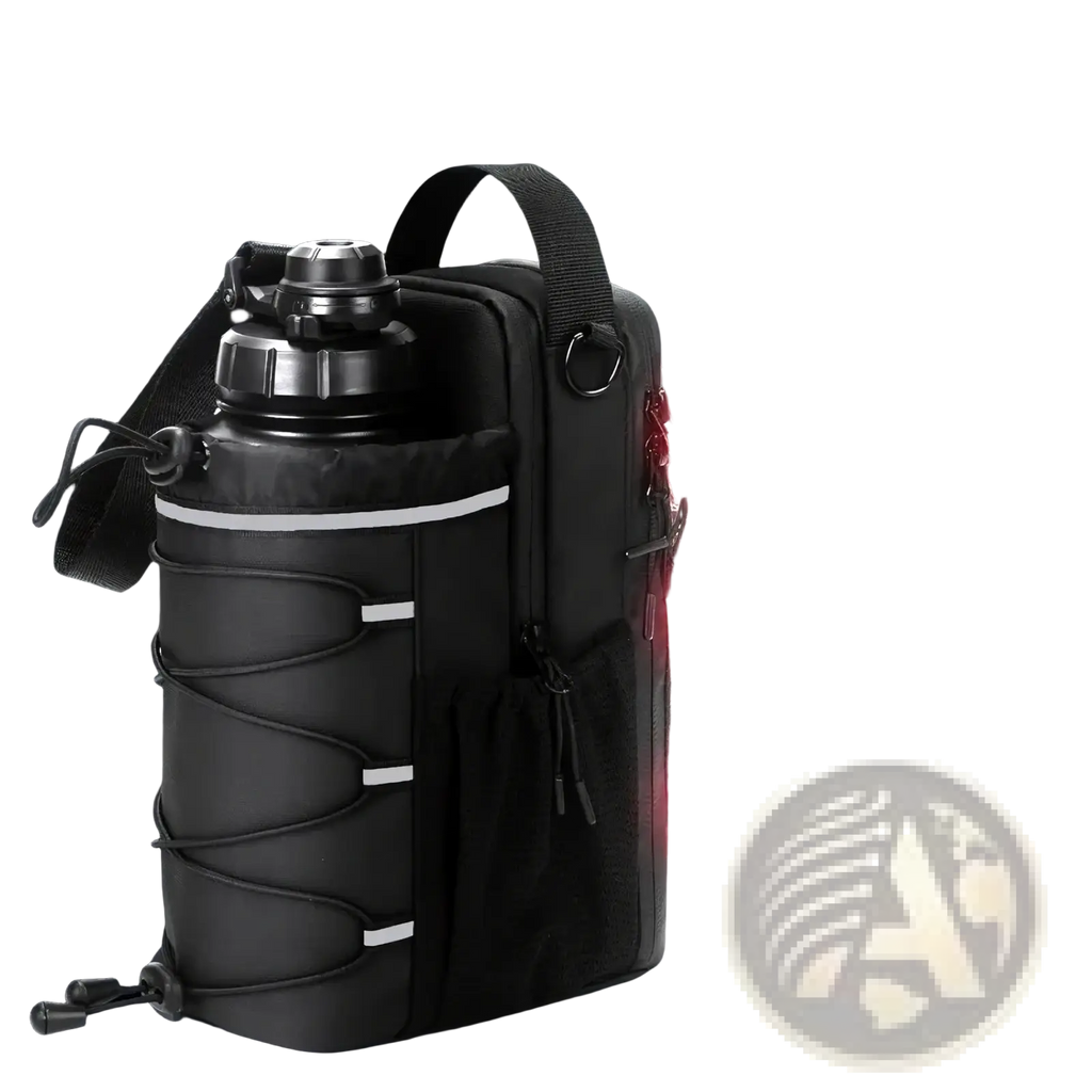 Black magnetic gym bottle bag with strap featuring reflective white stripes and magnetic attachment points