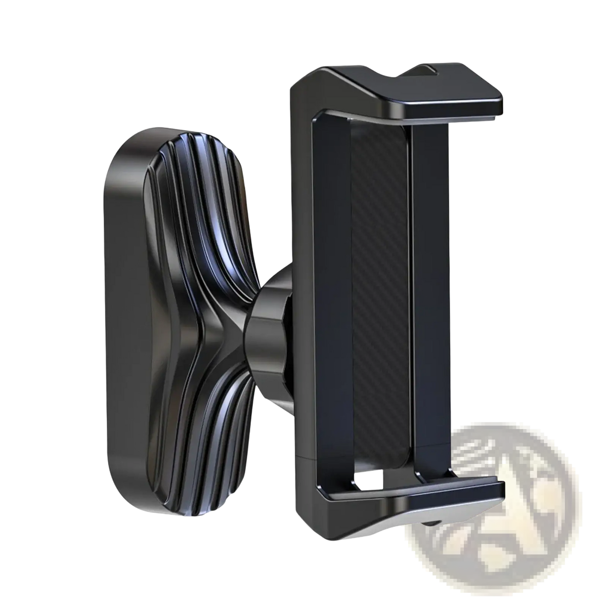Black magnetic gym phone holder with sleek ribbed design and carbon fiber texture for 360 adjustable mount