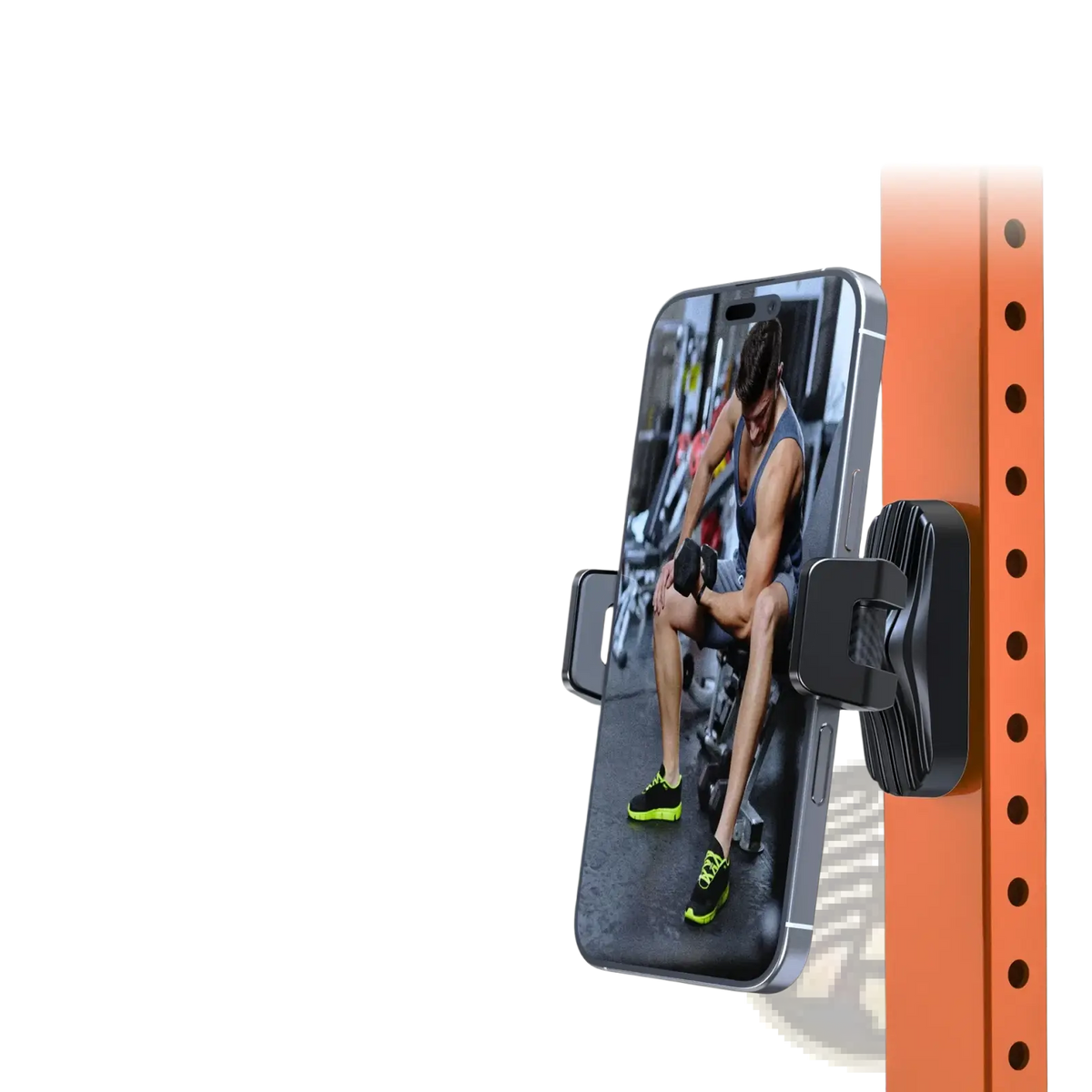 Black magnetic gym phone holder with 360 adjustable mount and clamps holding smartphone upright on orange gym rack