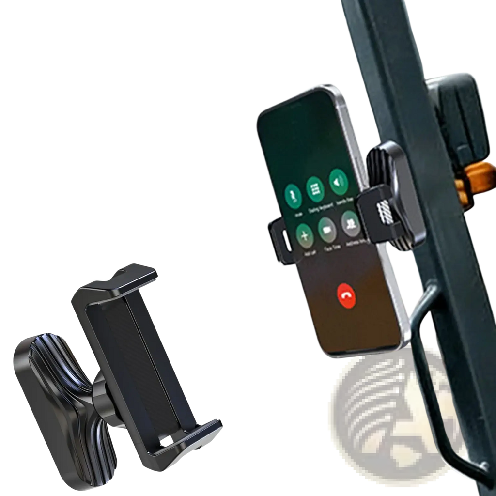 Black plastic magnetic gym phone holder with adjustable clamps and a 360 degree adjustable magnetic base