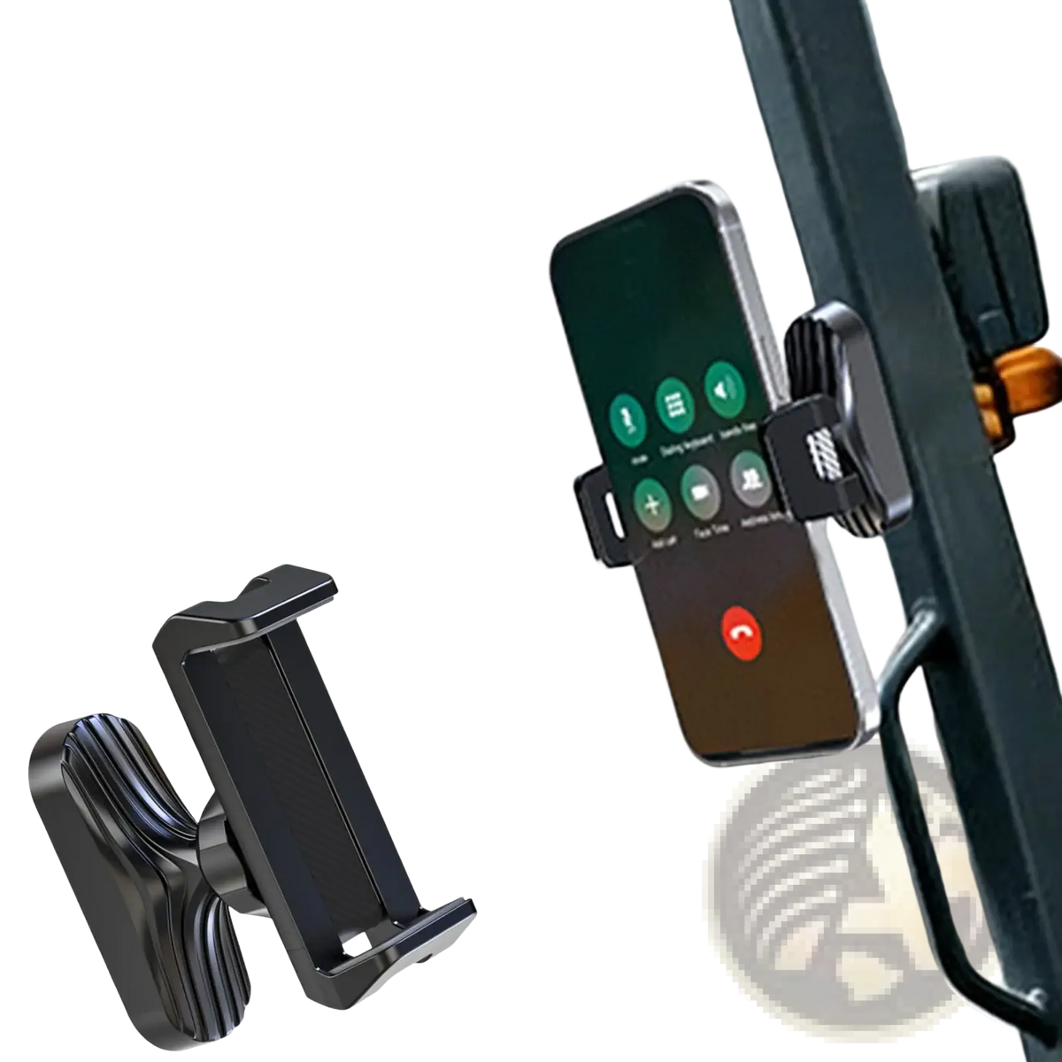 Black plastic magnetic gym phone holder with adjustable clamps and a 360 degree adjustable magnetic base