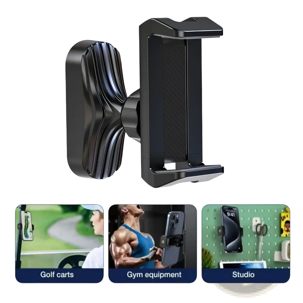 Black magnetic gym phone holder with textured ribbed base and sleek angular design 360 adjustable mount