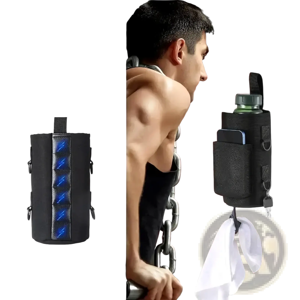 Black magnetic gym water bottle holder strap with blue glowing accents and multiple pockets for keys phone and towel