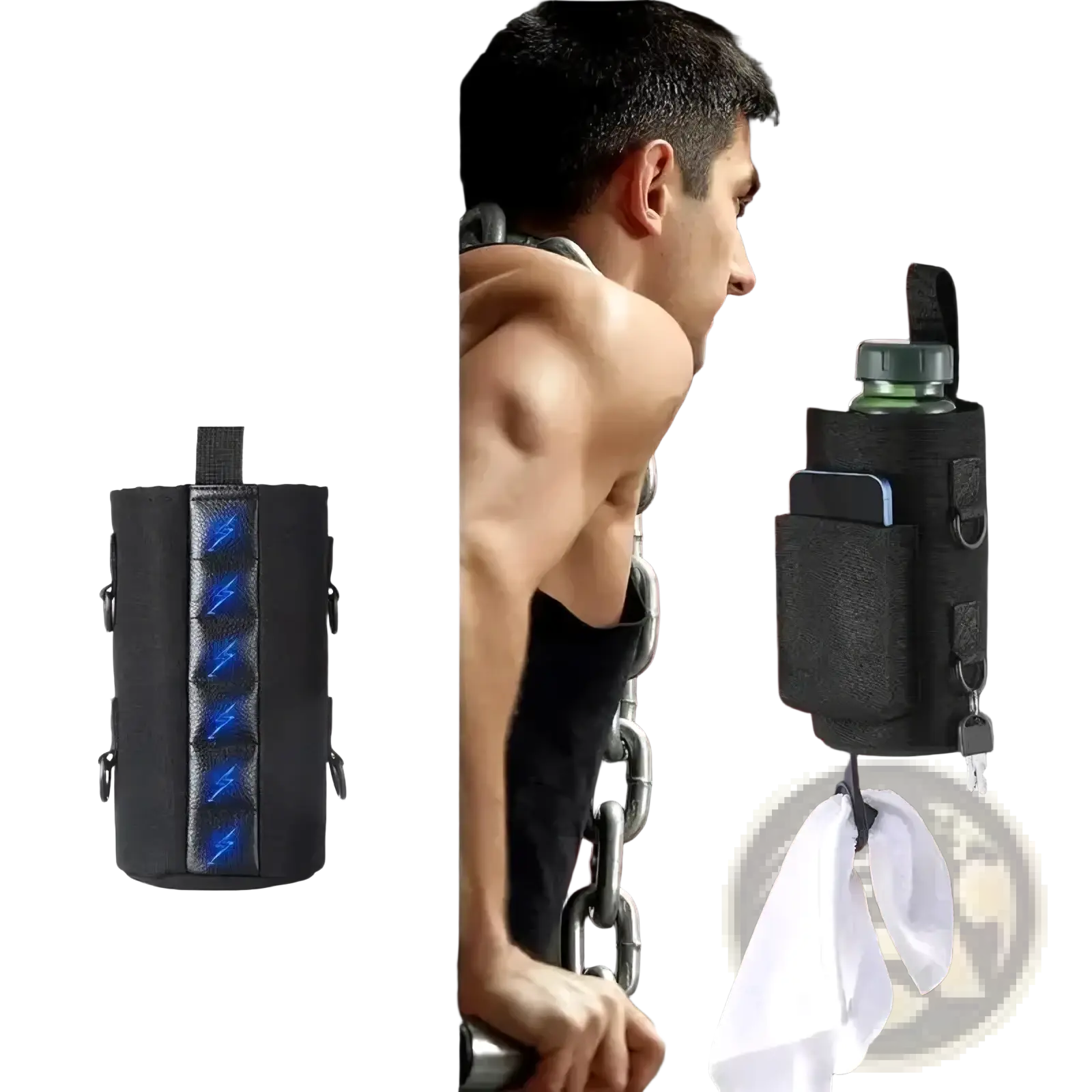 Black magnetic gym water bottle holder strap with blue glowing accents and multiple pockets for keys phone and towel