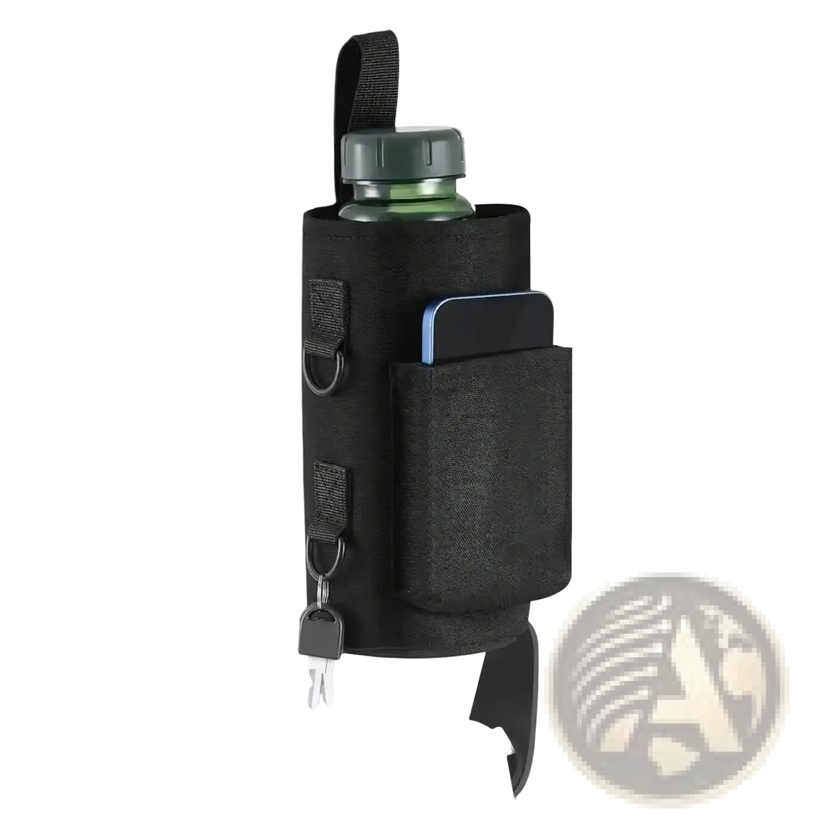 Black fabric magnetic gym water bottle holder strap with side pocket for keys and phone for convenient storage