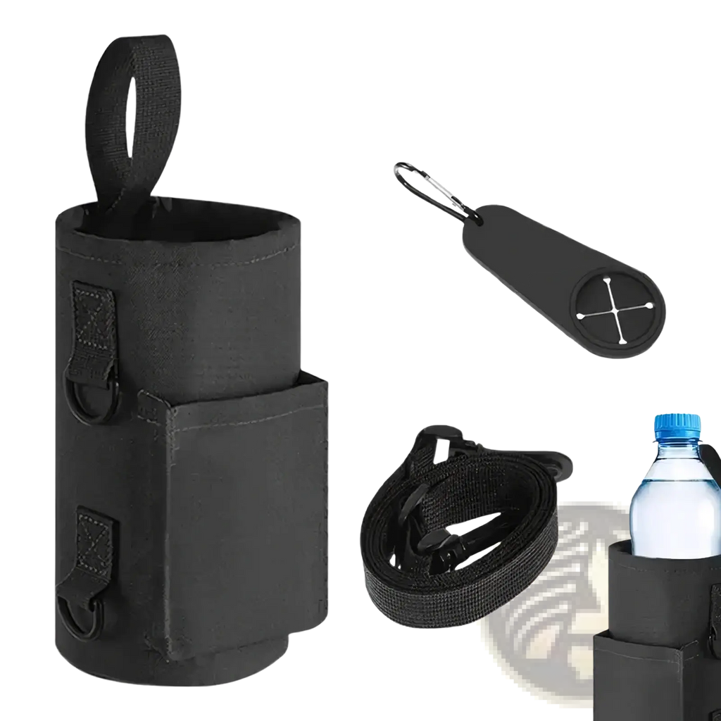 Black fabric magnetic gym water bottle holder strap with top loop side pockets and attached carrying strap