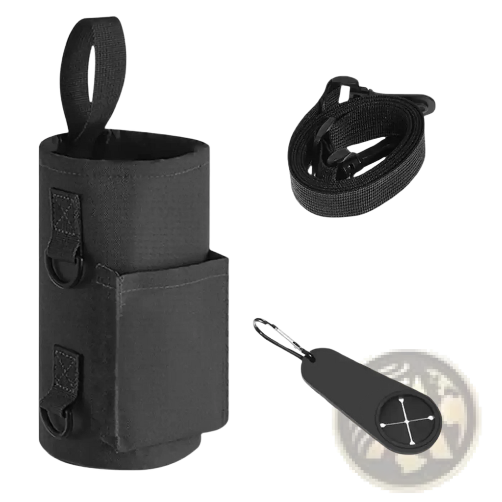 Black fabric magnetic gym water bottle holder strap with side pocket and adjustable strap for easy carrying