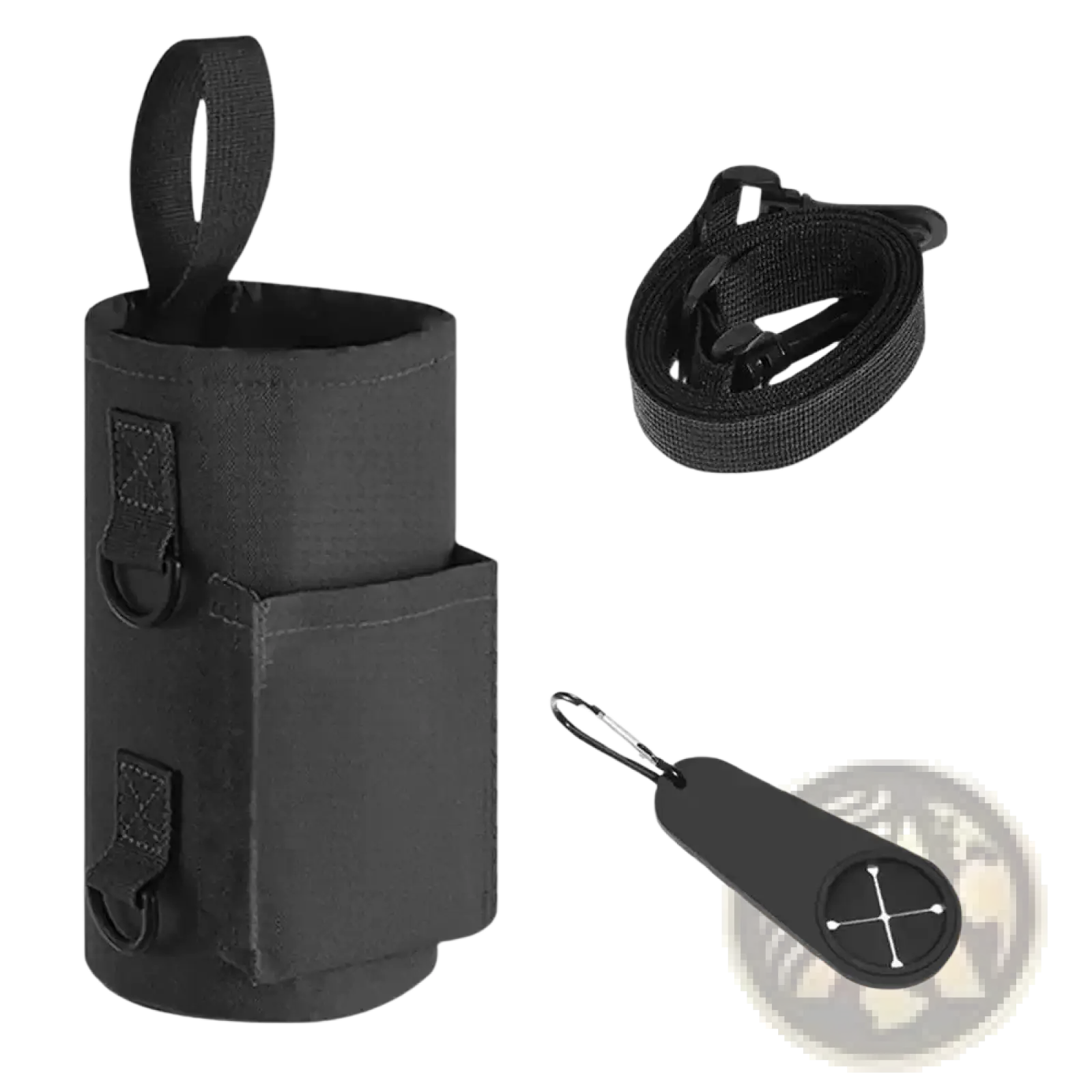 Black fabric magnetic gym water bottle holder strap with side pocket and adjustable strap for easy carrying