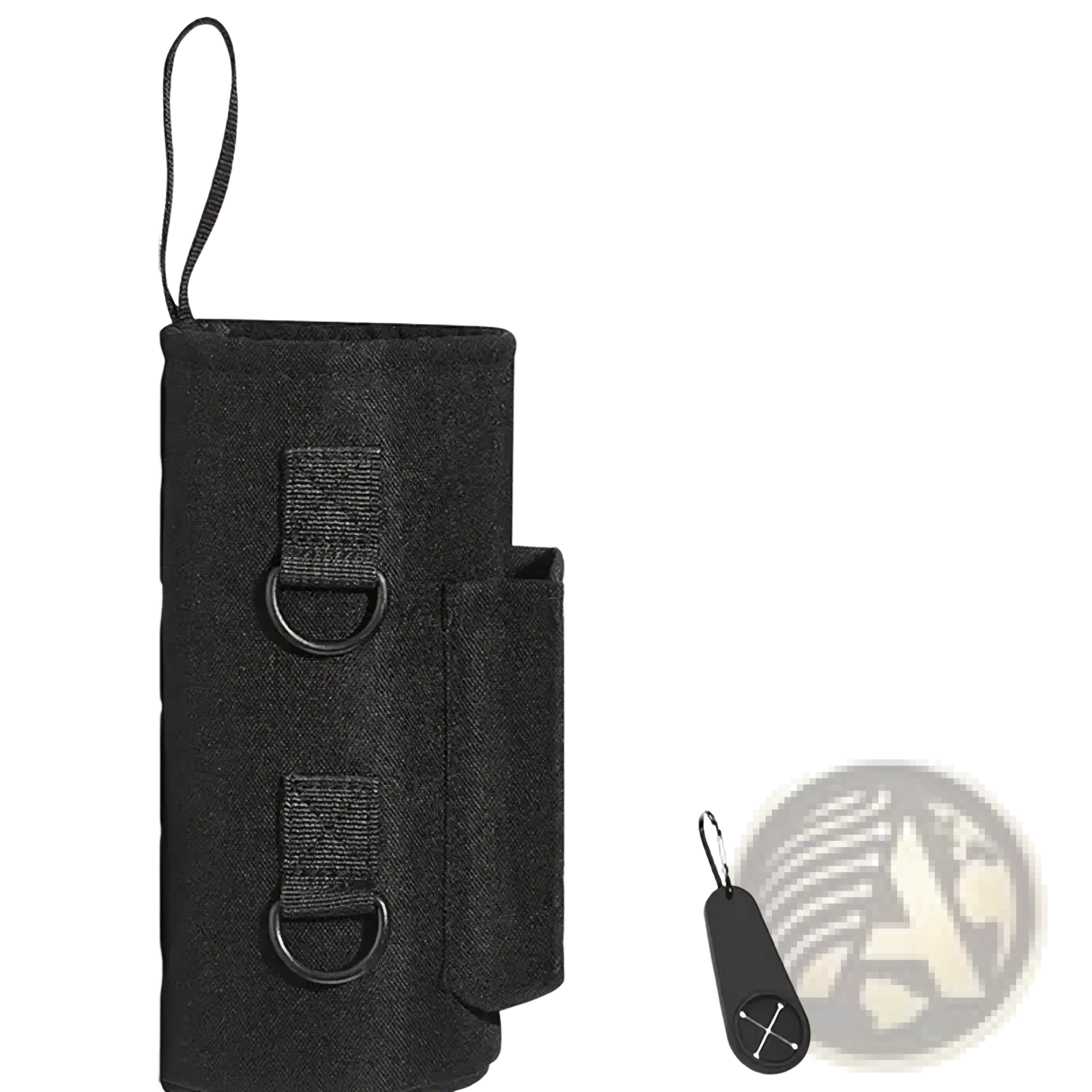 Black waterproof fabric magnetic gym water bottle holder strap pouch with two d-ring attachments and front pocket