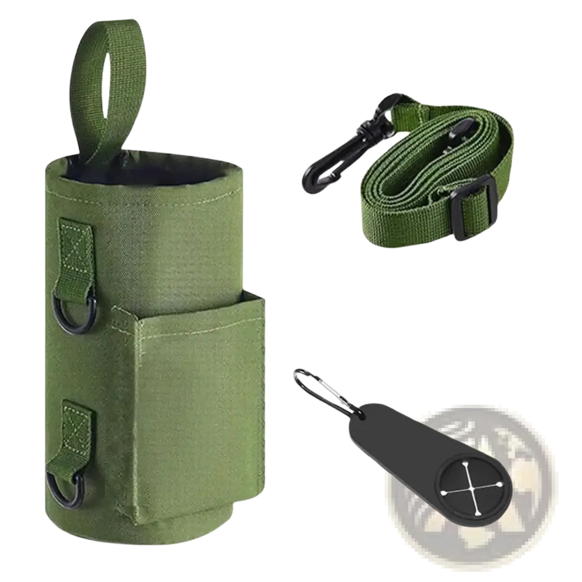 Olive green tactical water bottle carrier with black metal hardware and detachable shoulder strap for gym use